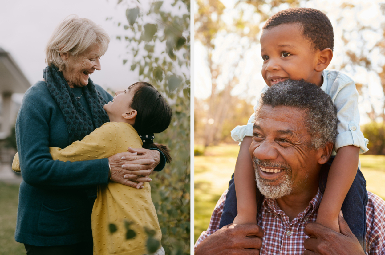 Elderly woman hugging child on the left, elderly man giving a young boy a piggyback ride on the right