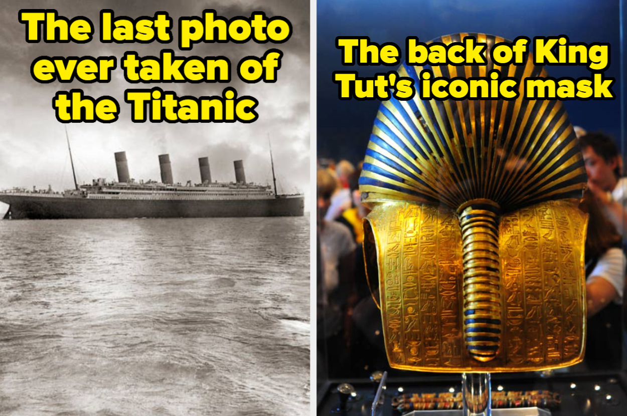 Side-by-side images: On the left, the last photo ever taken of the Titanic. On the right, the back of King Tut's iconic golden mask