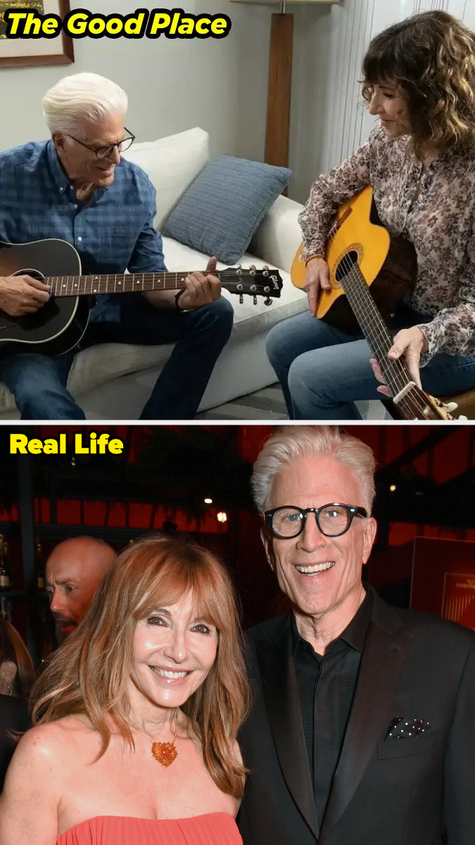 Top image: "The Good Place" scene with Ted Danson and Kristen Bell playing guitars. Bottom image: Ted Danson and Mary Steenburgen smiling at an event