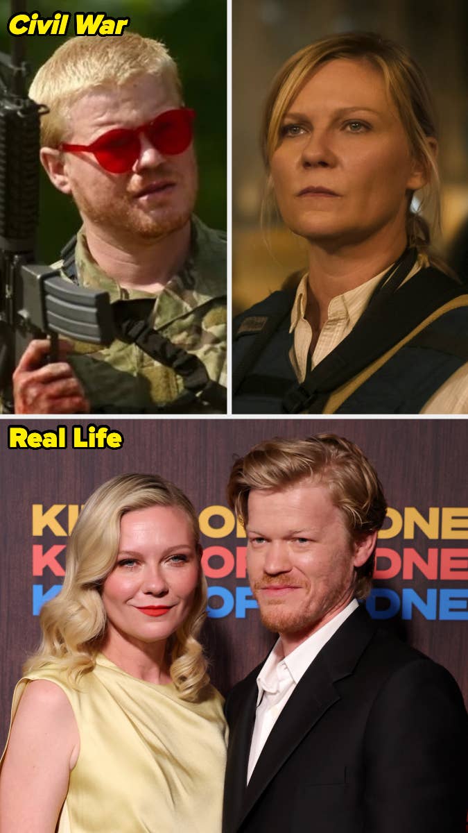 Jesse Plemons and Kirsten Dunst in scenes from “Civil War” and at an event in formal attire; Jesse in a suit, Kirsten in a light dress