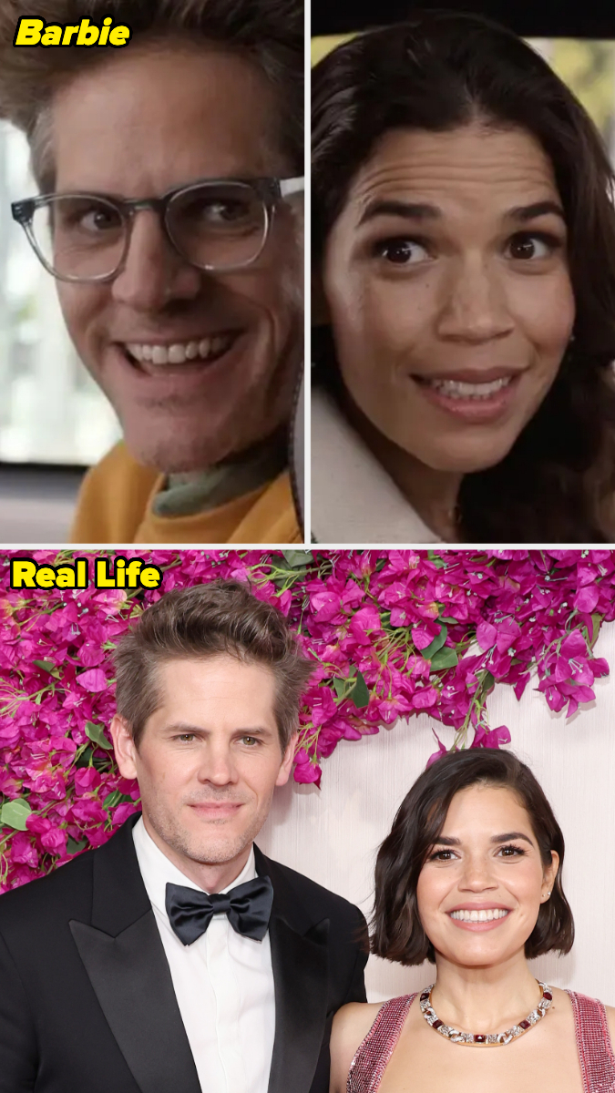 Ryan Piers Williams and America Ferrera are shown in two images: a scene from "Barbie" and at an event in formal attire, with pink floral backdrop
