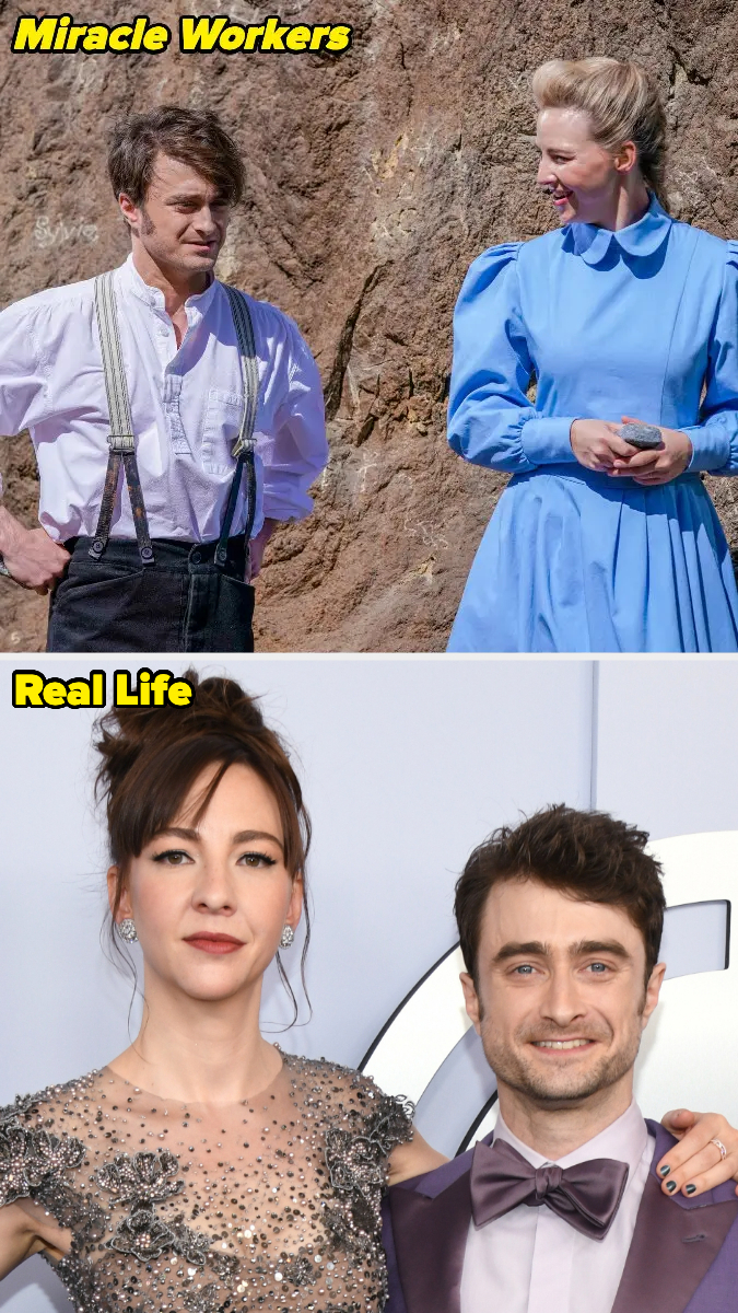 Top: Daniel Radcliffe and Geraldine Viswanathan in period costumes on set of Miracle Workers. Bottom: Daniel Radcliffe in a suit and Erin Darke in a sparkly dress at an event