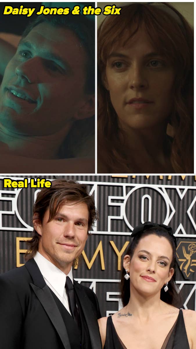 "Top: scenes from 'Daisy Jones & the Six' with Riley Keough and Sam Claflin. Bottom: Sam Claflin in a black suit and Riley Keough in a black dress."