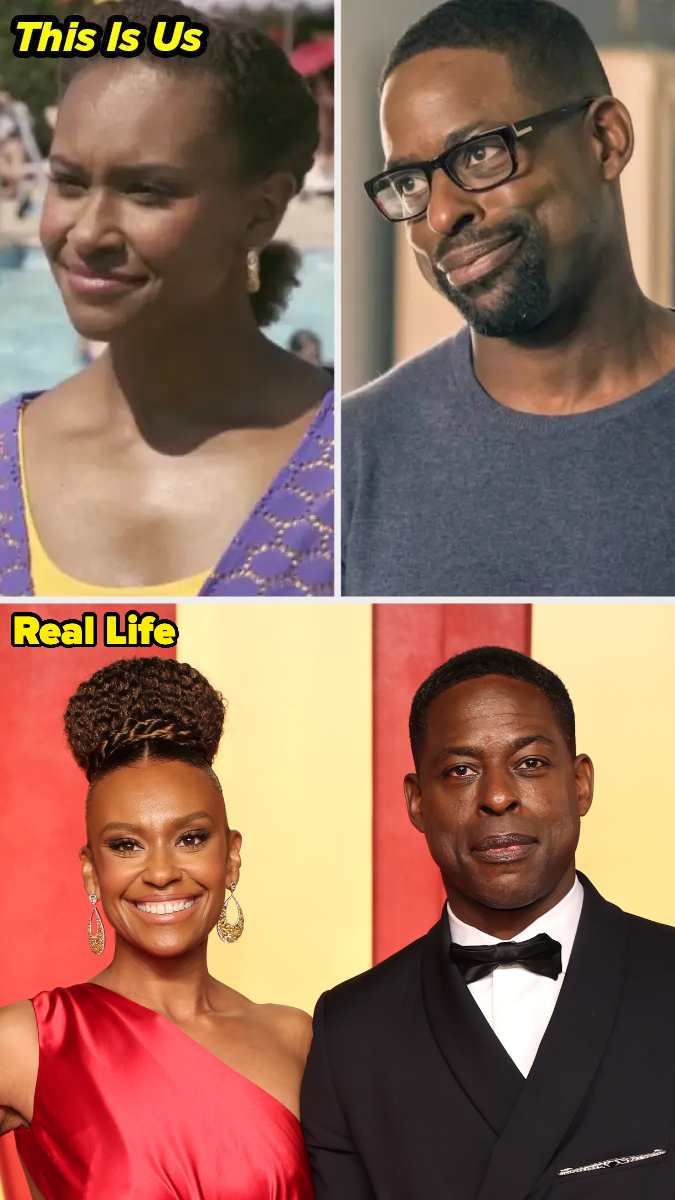 "This Is Us" shows Lyric Ross and Sterling K. Brown in character, while in real life at an event, Lyric Ross wears a one-shoulder red gown and Sterling K. Brown a black tuxedo