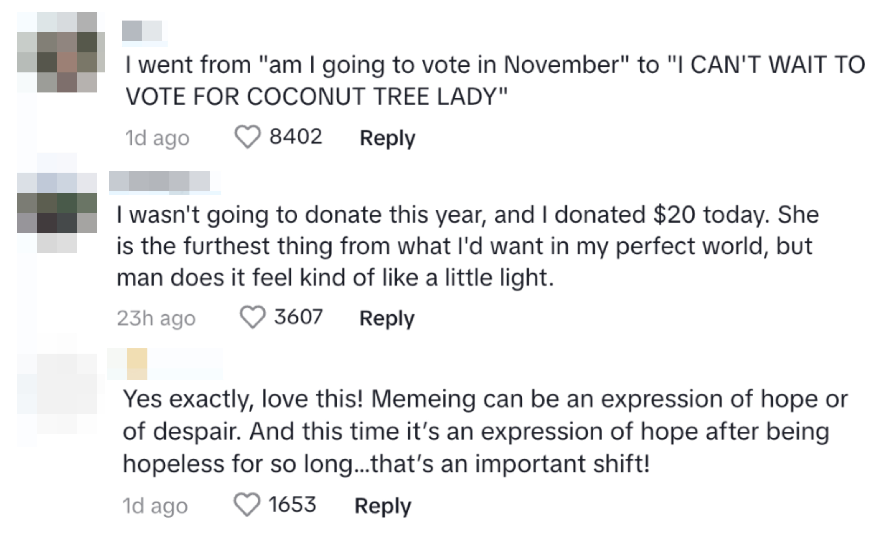 Comments section of a post. Users discuss changing voting preferences, a donation, and meme culture expressing hope and despair