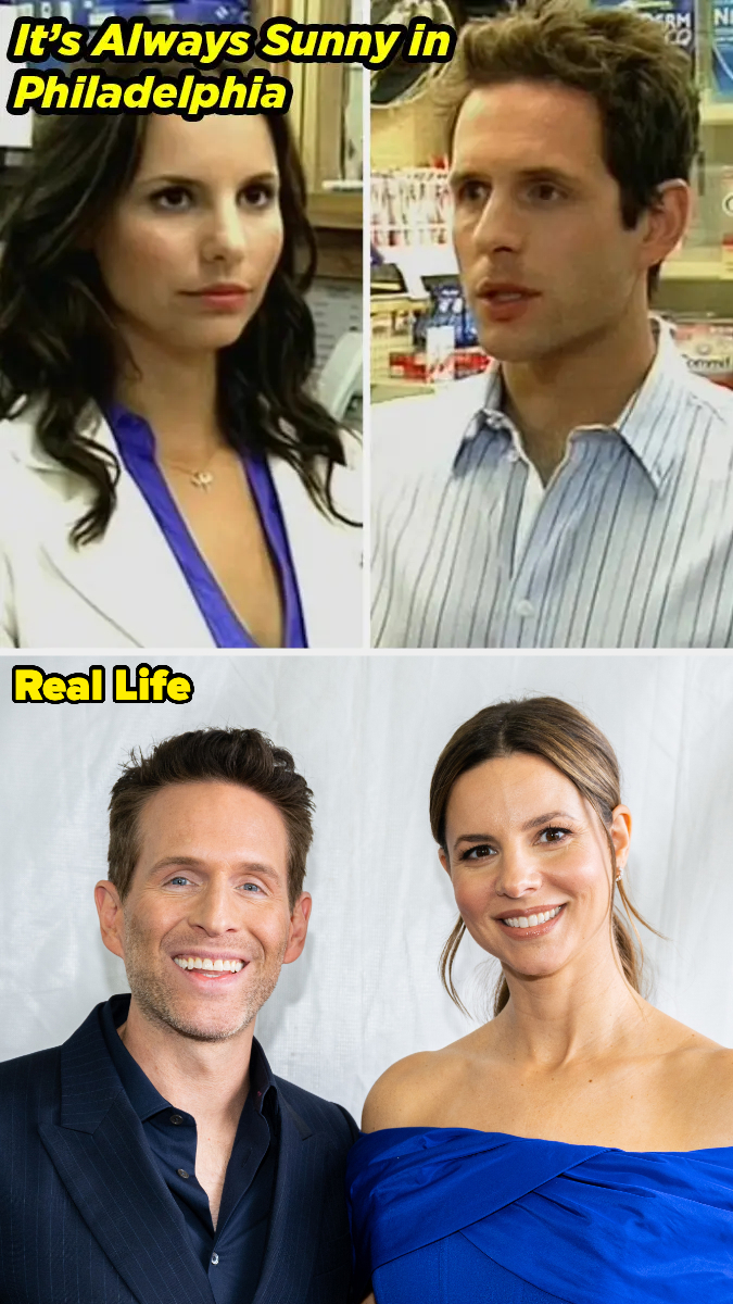 Top: Scenes from "It's Always Sunny in Philadelphia" with Glenn Howerton and Stephanie Courtney. Bottom: Real-life Glenn Howerton in a suit and Stephanie Courtney in a blue dress