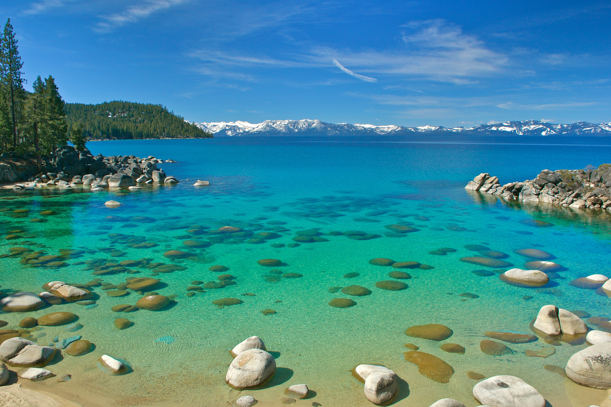 Clear water lake with visible rocks under the surface, surrounded by rocky shoreline, pine trees, and distant snow-capped mountains under a blue sky