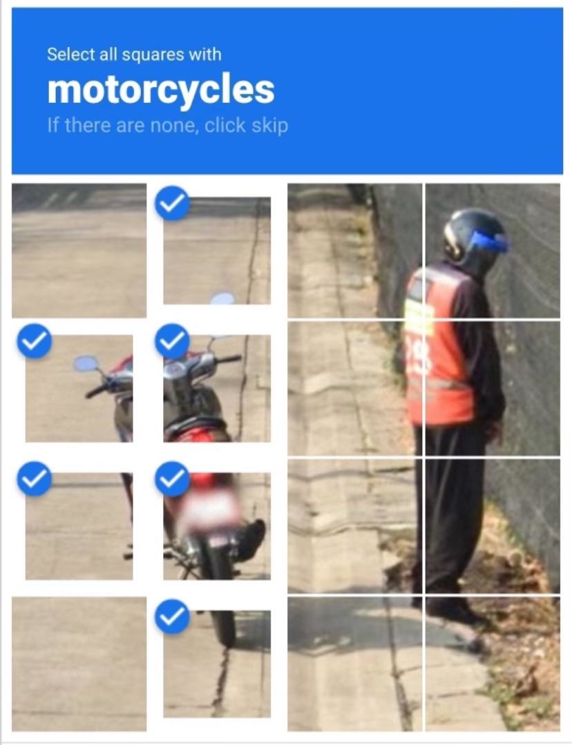 Image of a CAPTCHA test instructing users to select all squares with motorcycles. A partially obscured motorcycle is visible