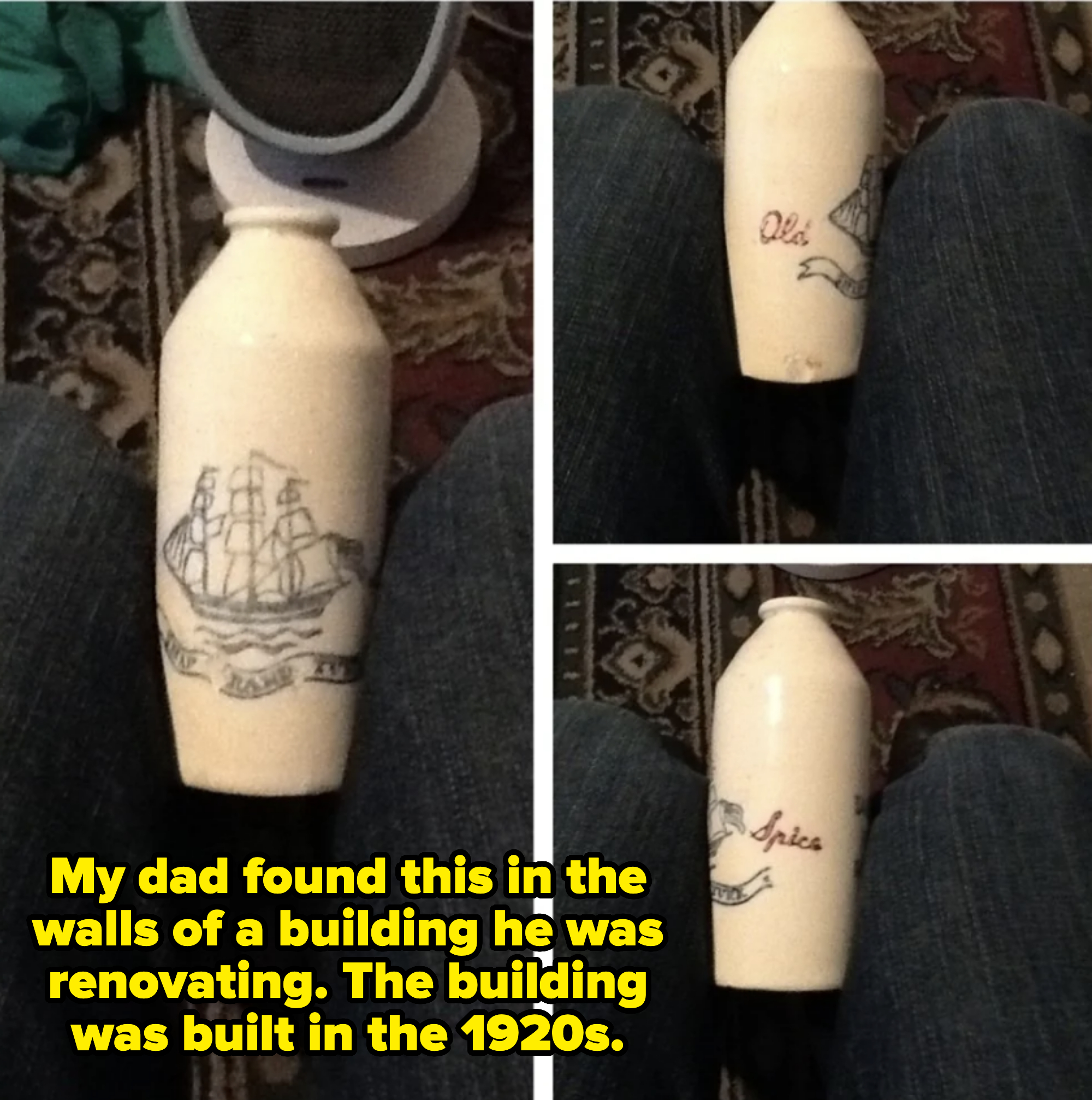 A person is holding an Old Spice bottle featuring a ship design