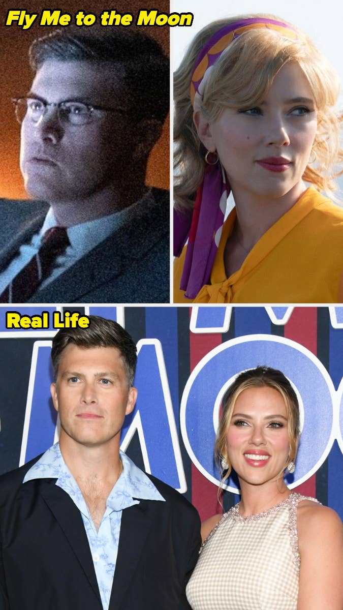 Image features two sets of photos of Jon Hamm and Scarlett Johansson. In the first set, Jon is in character, and Scarlett in a headscarf. In the second, they attend an event in formal attire