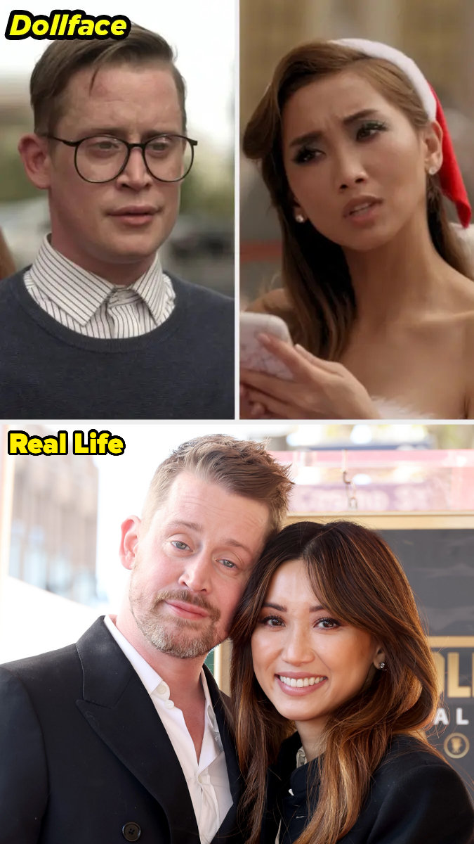 Top half shows Macaulay Culkin in "Dollface" and Brenda Song as her character, bottom half shows Macaulay Culkin and Brenda Song together in real life