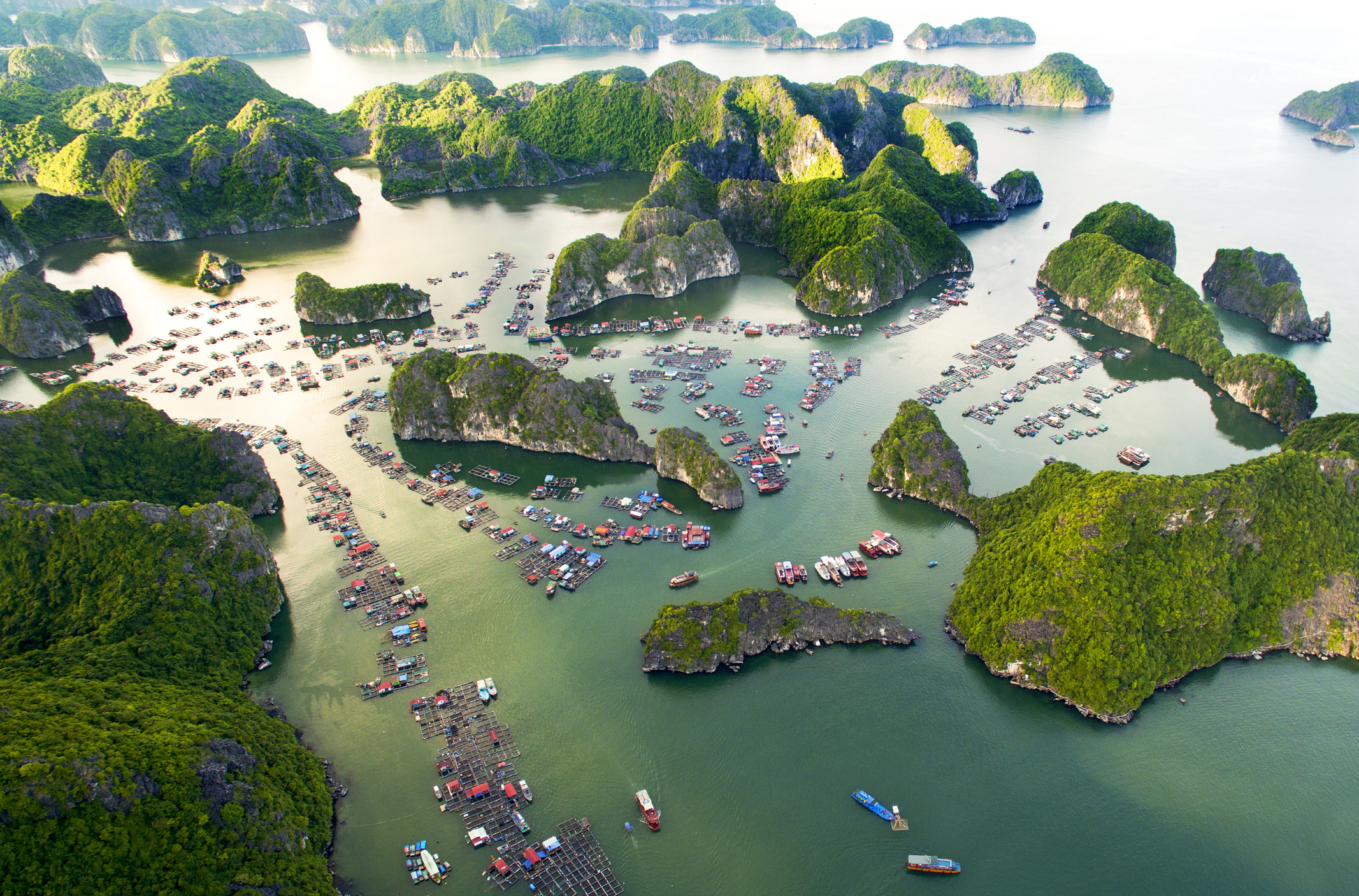 Aerial view of a vibrant bay dotted with numerous small islands and floating boat communities, surrounded by green-covered hills