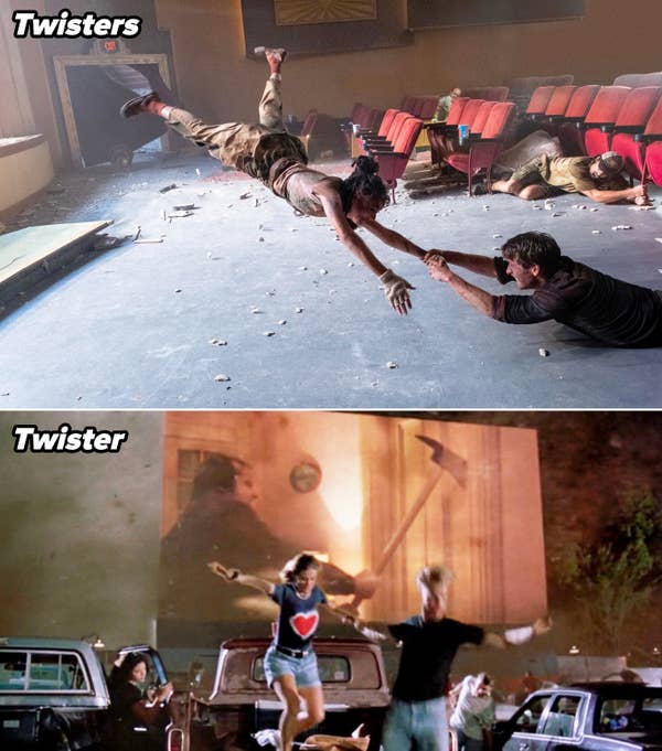 A scene from Twisters showing a person flying in the air as another holds them vs. a scene from Twister where people flee a drive in movie