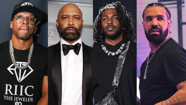 Lupe Fiasco, Joe Budden, Kendrick Lamar, and Drake are pictured; Lupe wears casual attire, Joe wears a suit, Kendrick and Drake wear casual outfits with prominent jewelry