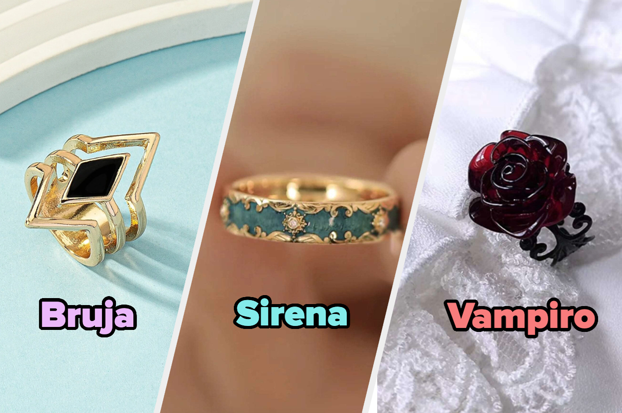 Tres anillos están alineados lado a lado con textos. De izquierda a derecha: Anillo de Bruja, Anillo de Sirena, y Anillo de Vampiro