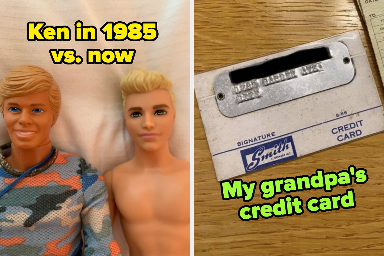 Ken dolls from 1985 and present. Side-by-side comparison with "Ken in 1985 vs. now" text. Right: an old Smith credit card labeled "My grandpa's credit card."