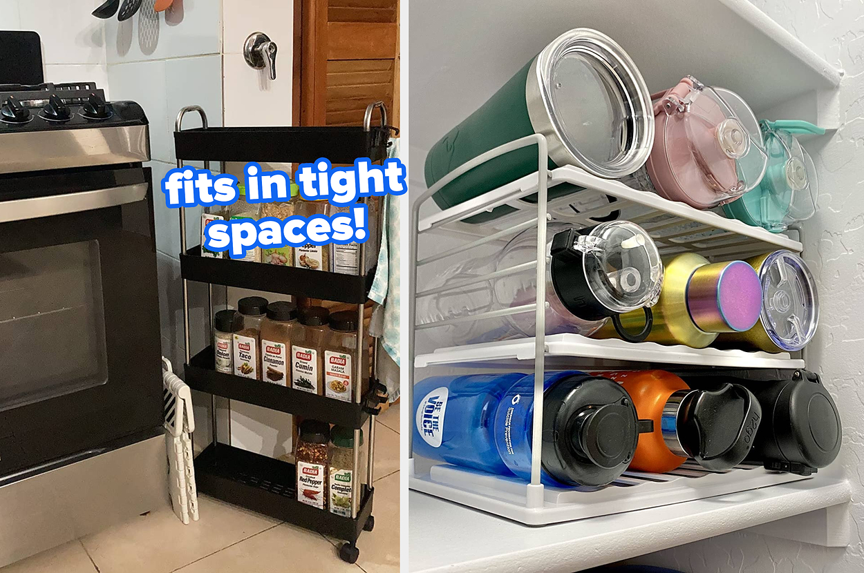 reviewer's slim rolling cart next to stove holding kitchen items / reviewer's organizer holding various water buttles and tumblers