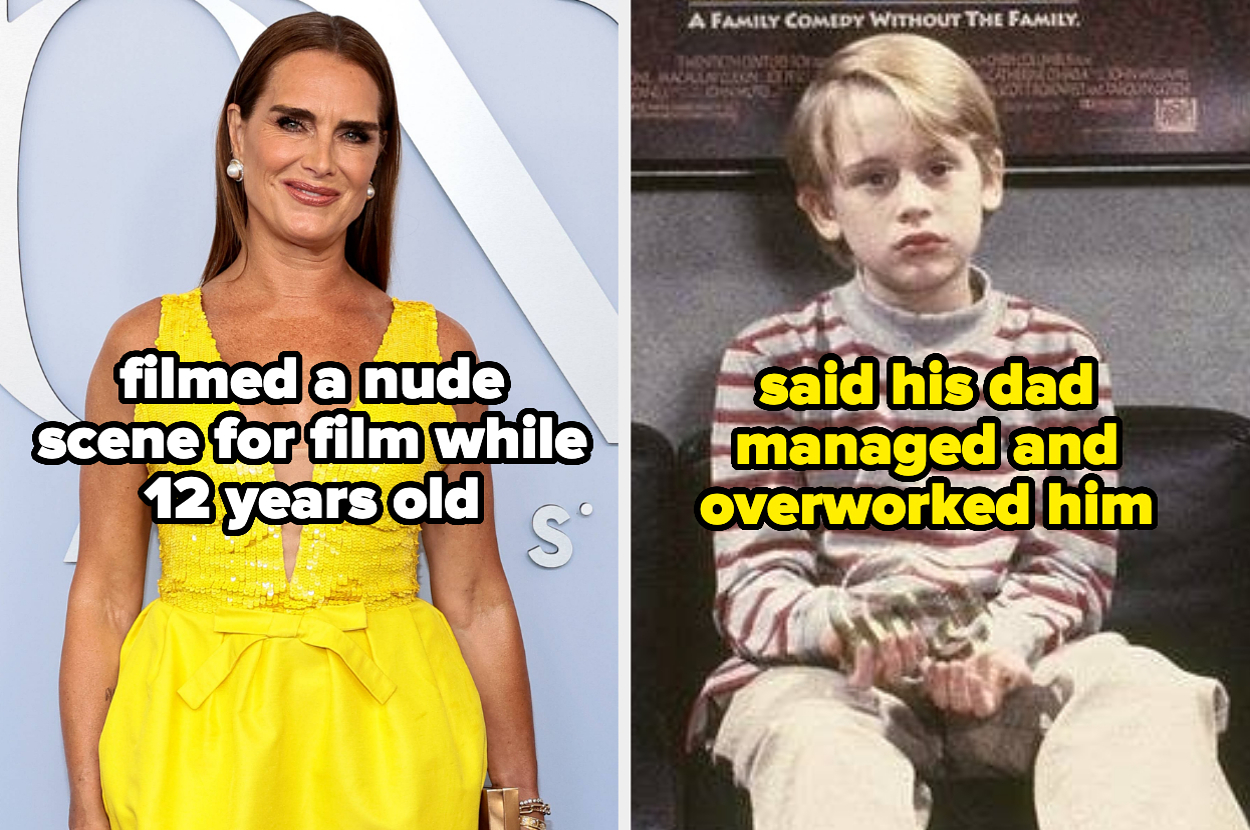Left: Brooke Shields on the red carpet in a sleeveless gown. Right: Macaulay Culkin as a child, sitting with a neutral expression