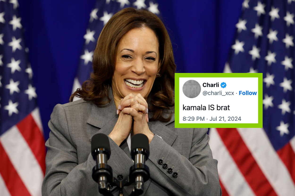 Kamala Harris stands at a podium in front of U.S. flags. A tweet from Charli XCX reads, "kamala IS brat" dated July 21, 2024