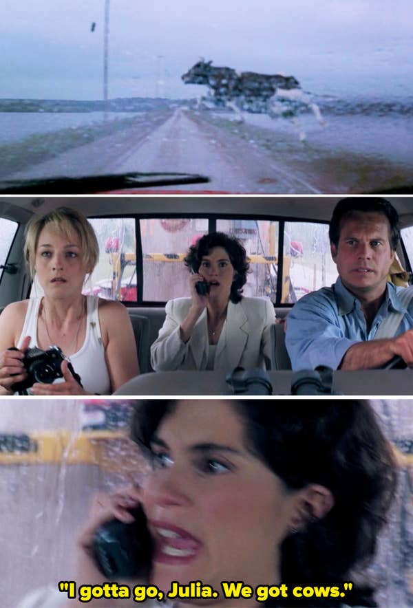 A scene from &quot;Twister&quot; showing actors Helen Hunt, Jami Gertz, and Bill Paxton in a car, looking concerned as a cow flies past the windshield