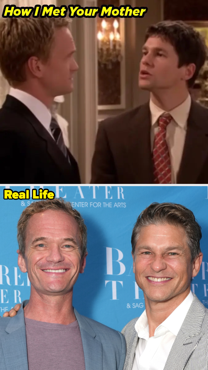 Top: Scene from "How I Met Your Mother" with Neil Patrick Harris and David Burtka in business attire. Bottom: Neil Patrick Harris and David Burtka smiling at an event