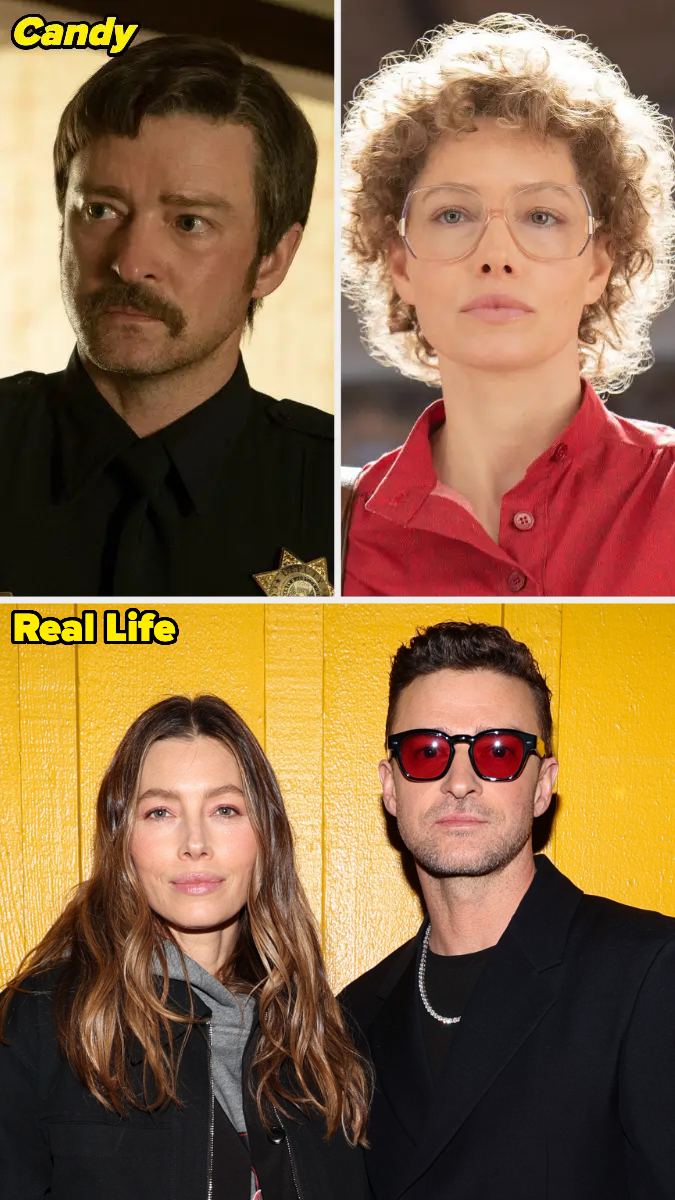 Top: Pedro Pascal and Elizabeth Olsen in police uniform in "Candy." Bottom: Jessica Biel and Justin Timberlake in casual clothing in real life