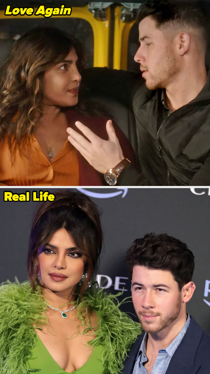 Priyanka Chopra and Nick Jonas from the movie "Love Again" in the top image, and attending a red carpet event in stylish outfits in the bottom image
