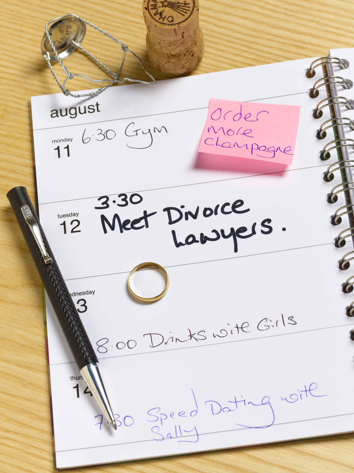 Open planner with a wedding ring, bottle cork, and pen. Text on planner notes meetings with gym, divorce lawyers, and events like drinks and speed dating