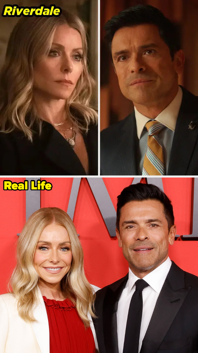 Riverdale: Kelly Ripa and Mark Consuelos in character. Real Life: Kelly Ripa in a white coat and red dress, and Mark Consuelos in a black suit at an event