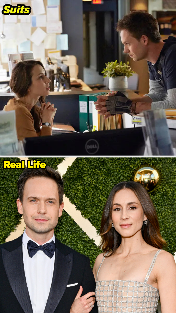 Top: Meghan Markle and Patrick J. Adams in an office scene from "Suits". Bottom: Patrick J. Adams in a tuxedo and Troian Bellisario in a formal dress at an event