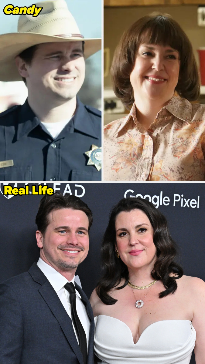 Jason Ritter and Melanie Lynskey portraying characters in 'Candy' (top), and them together on a red carpet in formal attire in real life (bottom)