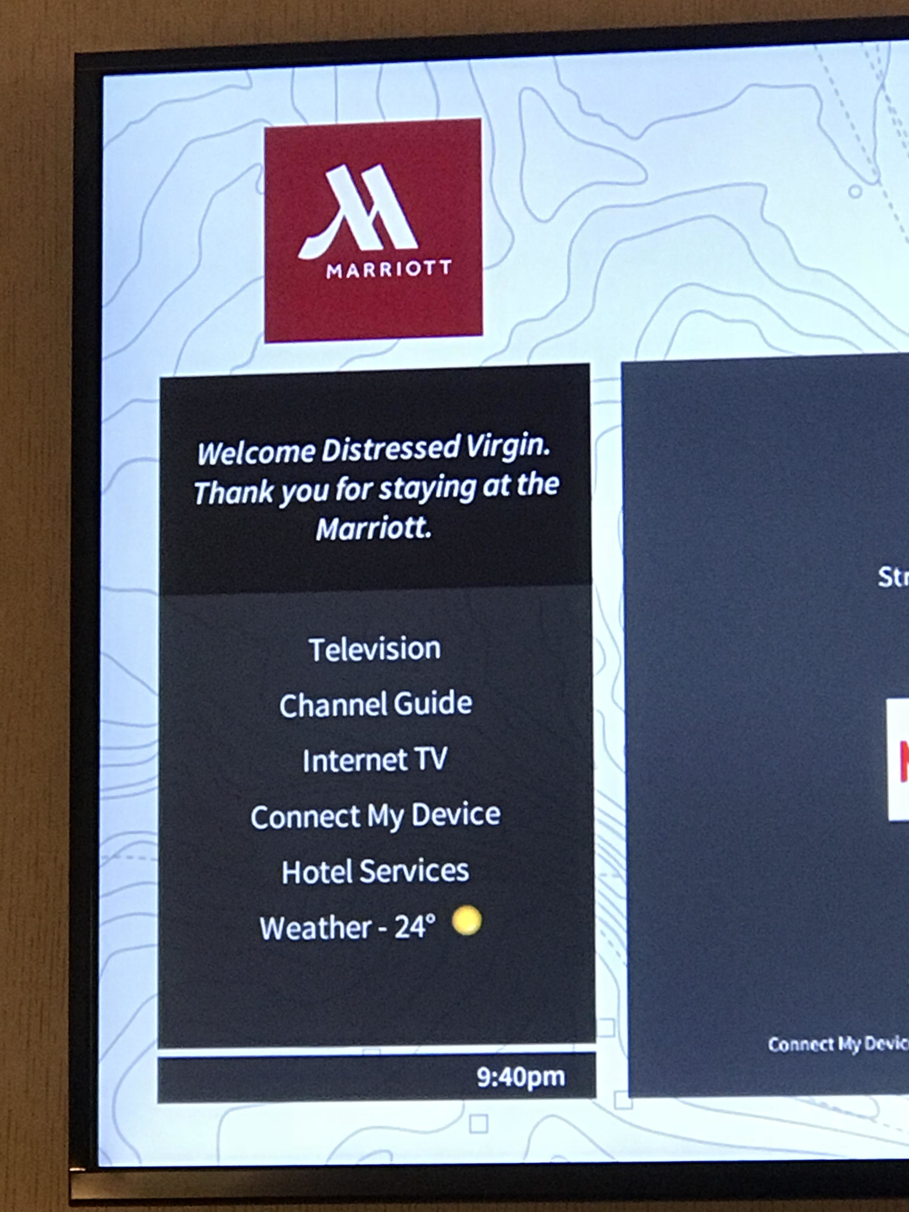 Hotel welcome screen displaying a message to a guest, including options for Television, Channel Guide, Internet TV, Hotel Services, and Weather