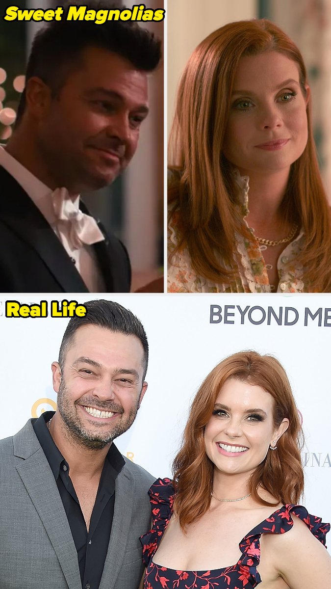 Top: Chris Klein and JoAnna Garcia Swisher in "Sweet Magnolias." Bottom: Chris Klein in a grey suit and JoAnna Garcia Swisher in a floral dress at a public event