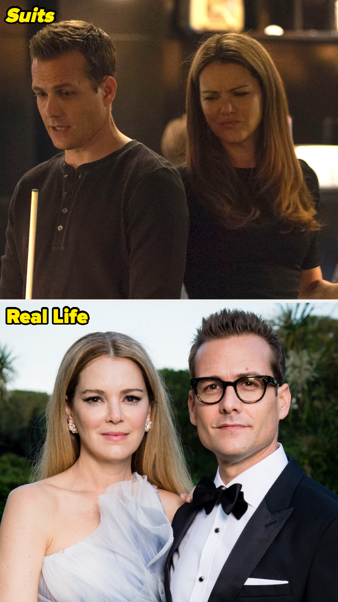 Gabriel Macht and Sarah Rafferty in scenes from "Suits" (top, casual), and at an event in formal attire (bottom, Gabriel in a tuxedo, Sarah in an elegant gown)