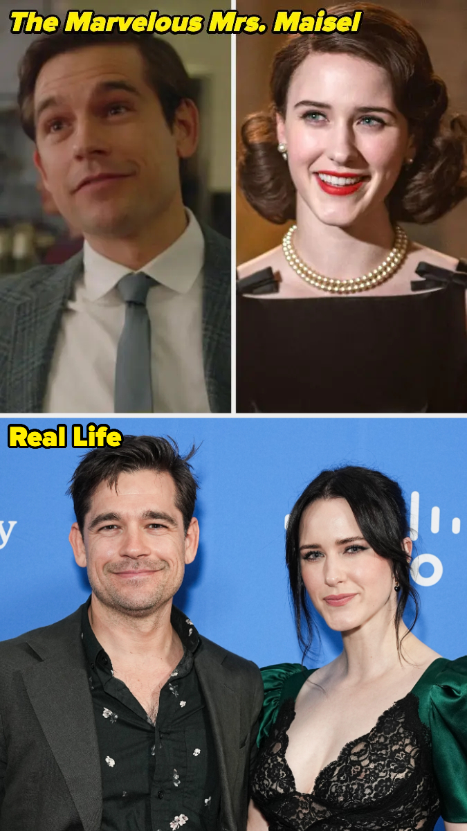 Actors in 'The Marvelous Mrs. Maisel' in character and in real life. Top left: Michael Zegen in suit. Top right: Rachel Brosnahan in 1950s style dress with pearls. Bottom: Michael Zegen and Rachel Brosnahan