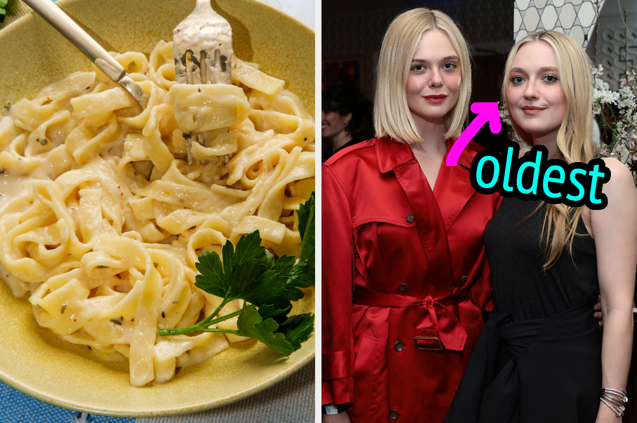 On the left, some fettuccine Alfredo, and on the right, Elle and Dakota Fanning with an arrow pointing to Dakota and oldest typed under her chin