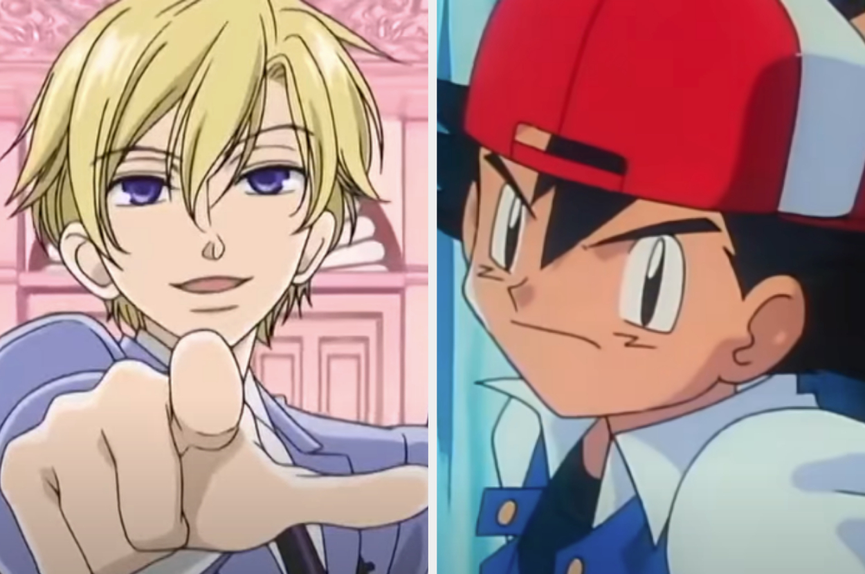 Tamaki Suoh from Ouran High School Host Club points forward and Ash Ketchum from Pokémon looks determined, wearing his signature hat