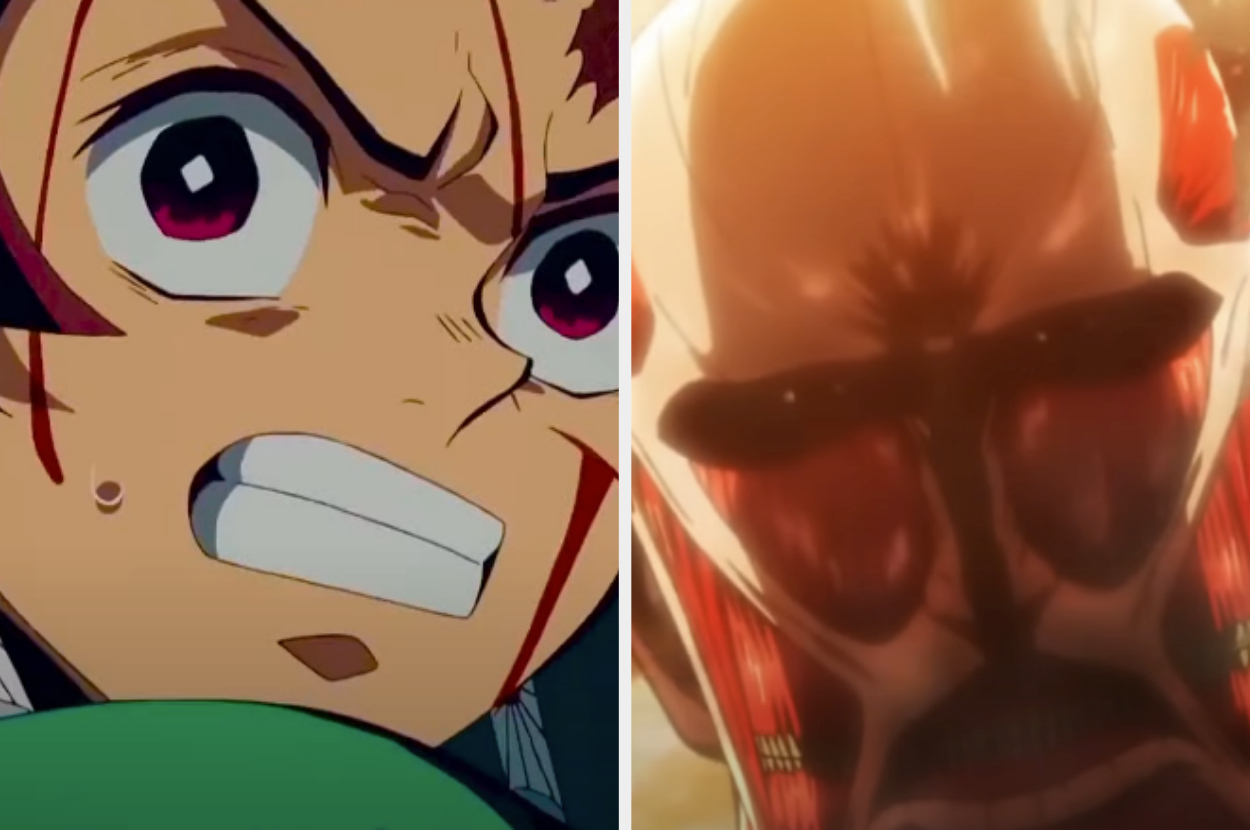 Animated characters Tanjiro Kamado from Demon Slayer and the Colossal Titan from Attack on Titan are shown with intense expressions