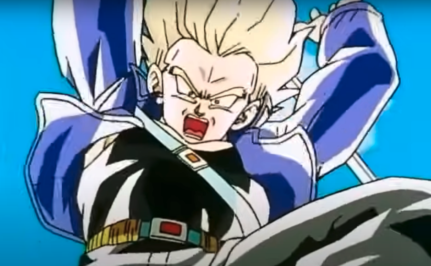 Animated character Trunks from Dragon Ball Z, wearing a jacket, shouting intensely with an aggressive expression and raised fists