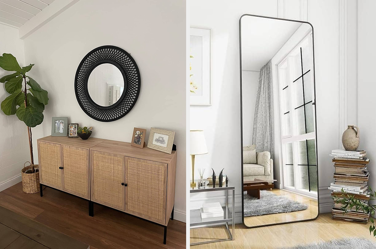 Side-by-side images of home decor: left, a rattan cabinet with framed photos and a round mirror; right, a floor-length mirror leaning against a wall beside a plant and books