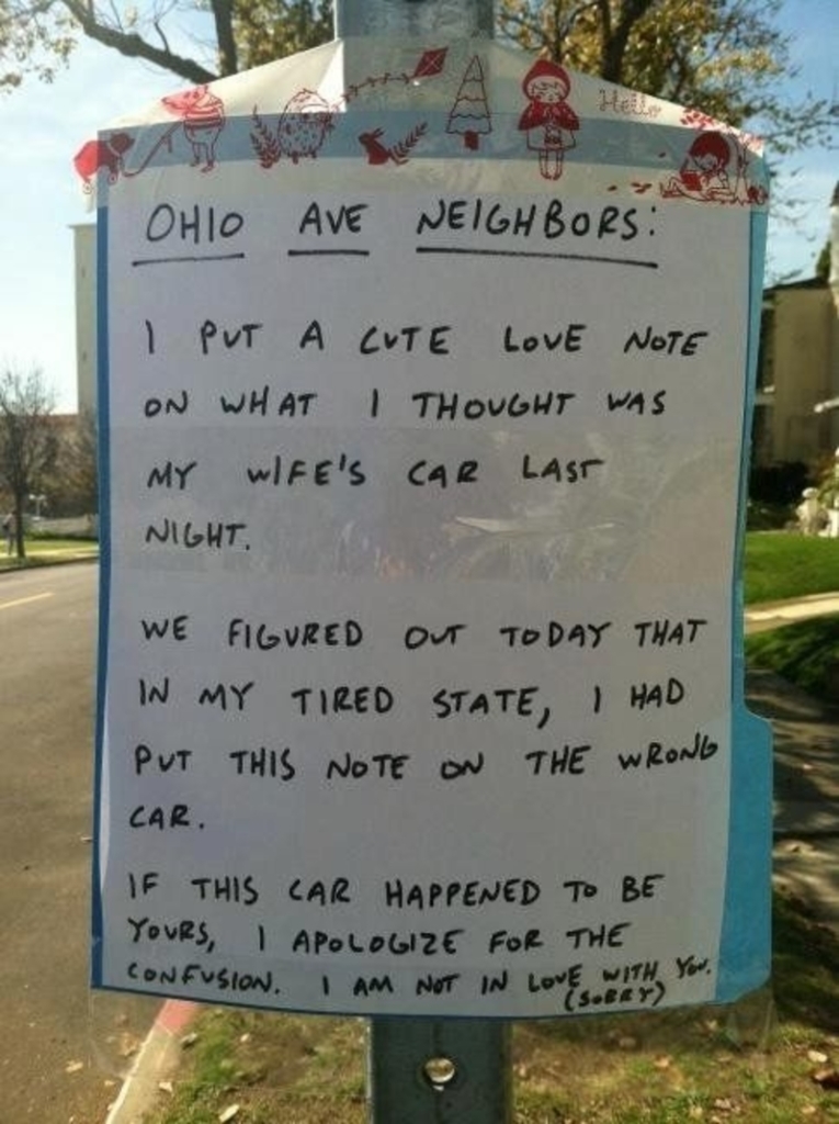 A note explaining an error of putting a past love note on the wrong car