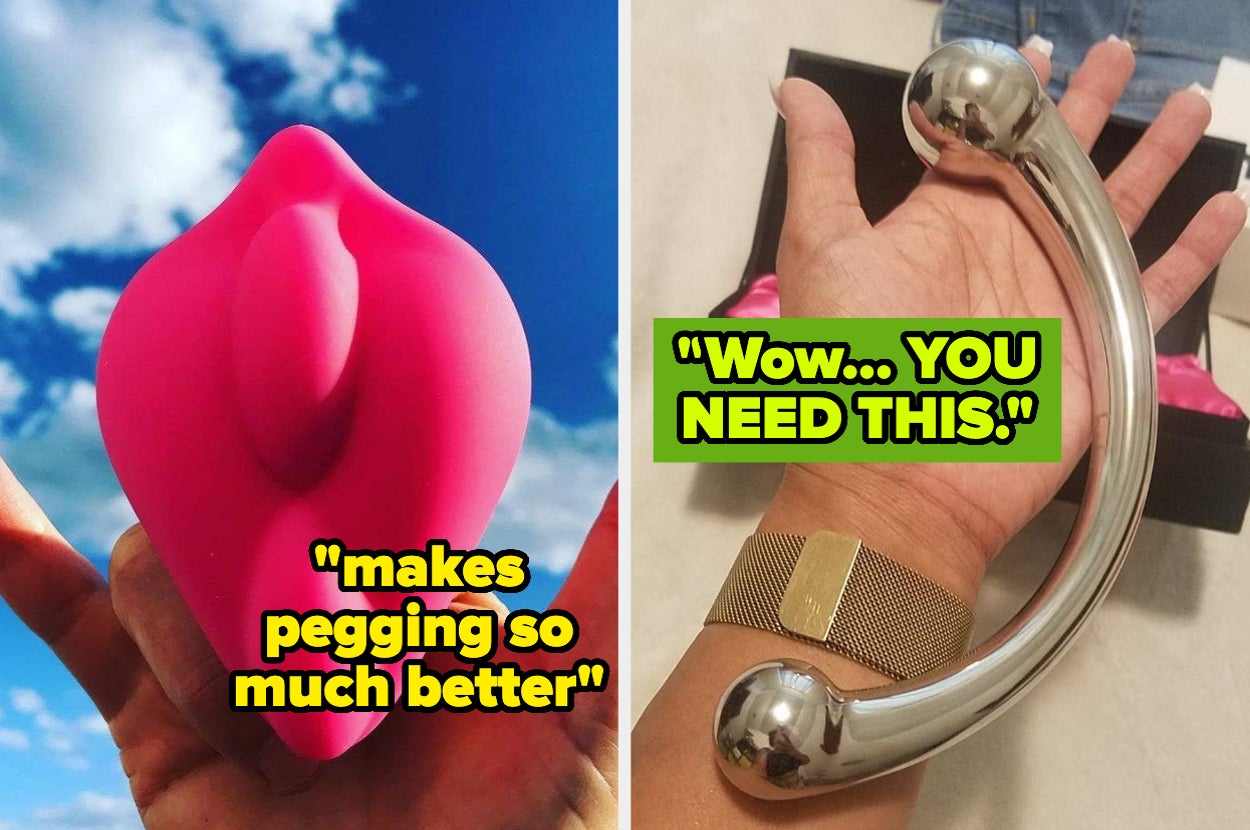 Two sex toys are displayed in close-up shots, each with accompanying text: "makes pegging so much better" and "Wow... YOU NEED THIS."