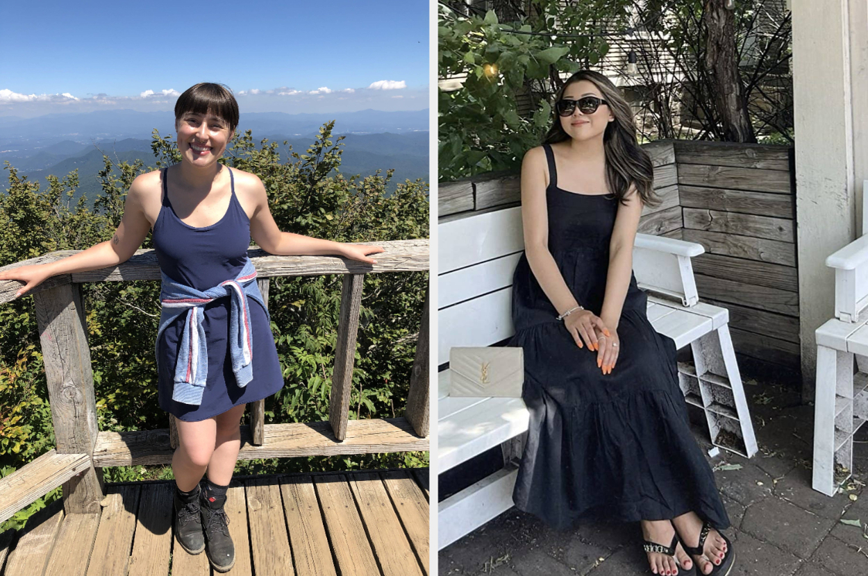Two women posing outdoors. Left: Woman in a casual dress and hiking boots on a wooden platform. Right: Woman in a black dress and sunglasses seated on white chairs