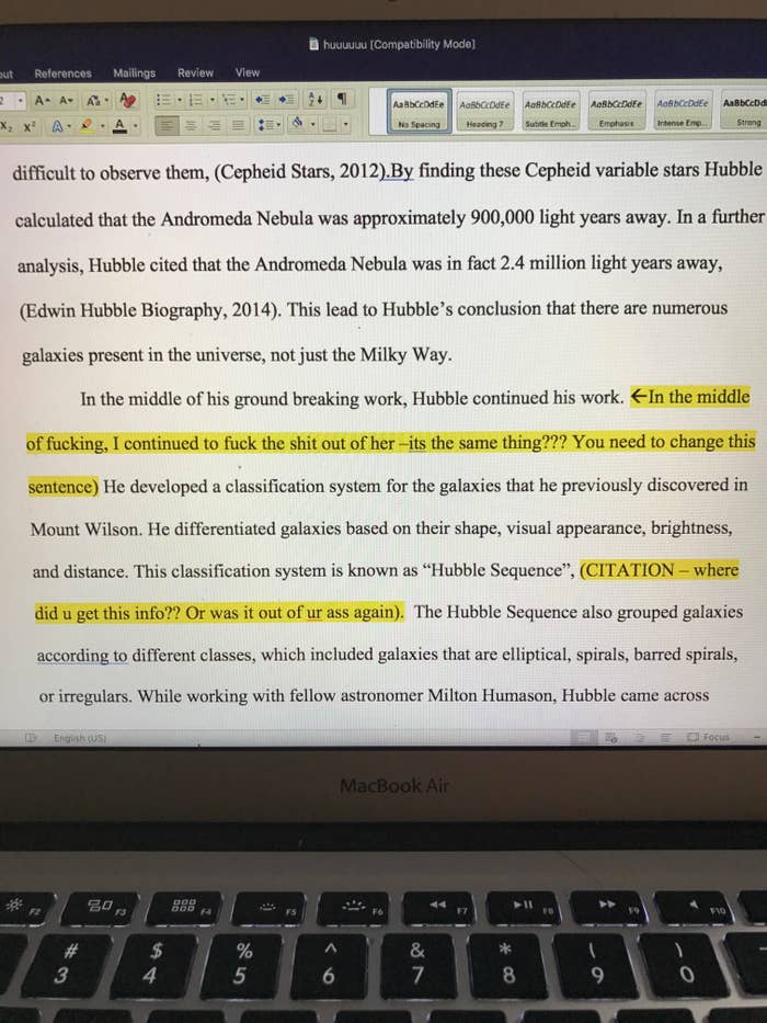 Laptop screen showing an in-progress essay, with the user annotating and questioning the text with expletives and concerns about the validity of the information