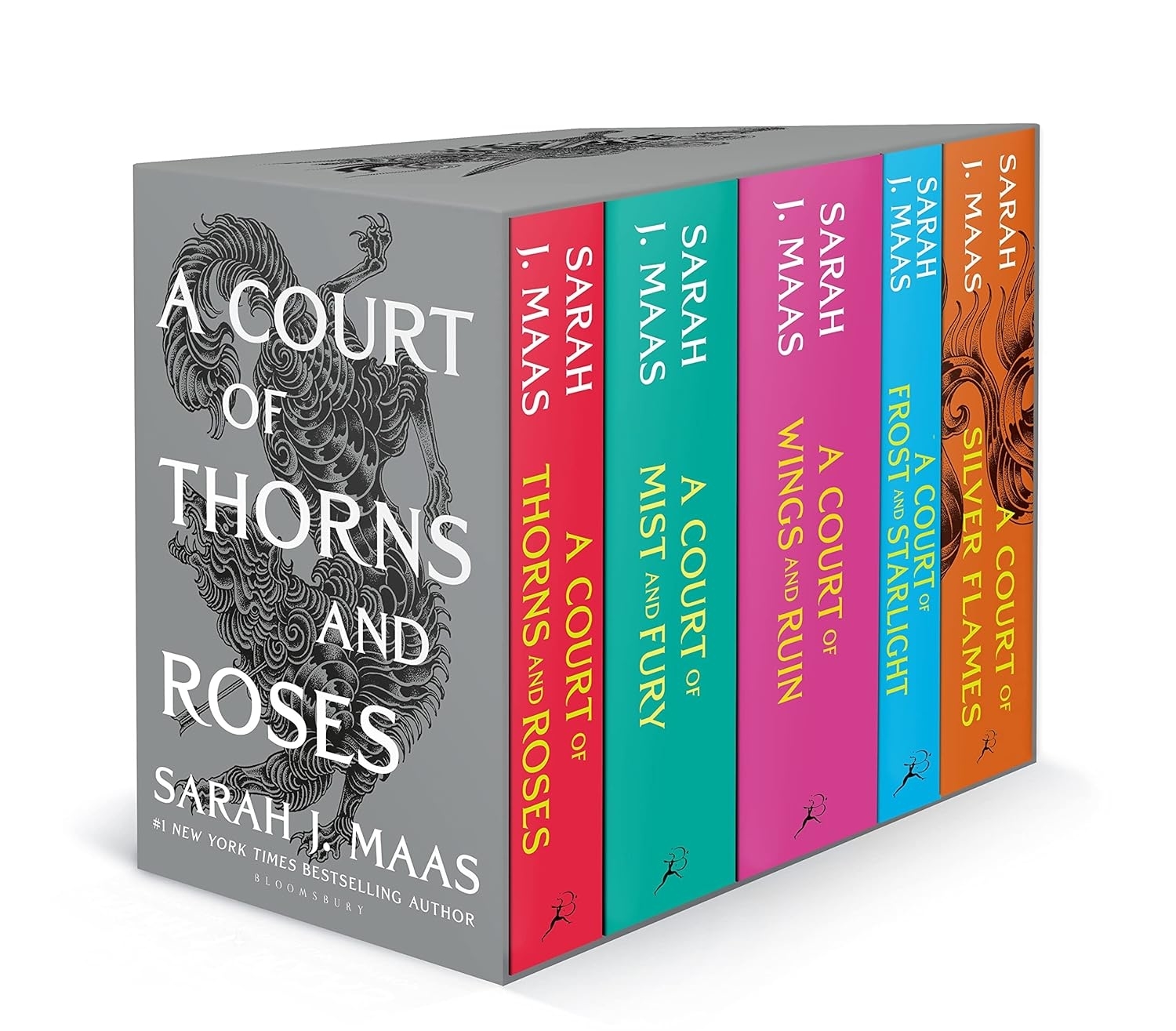 Box set of &quot;A Court of Thorns and Roses&quot; book series by Sarah J. Maas, featuring six books with vibrant spine colors