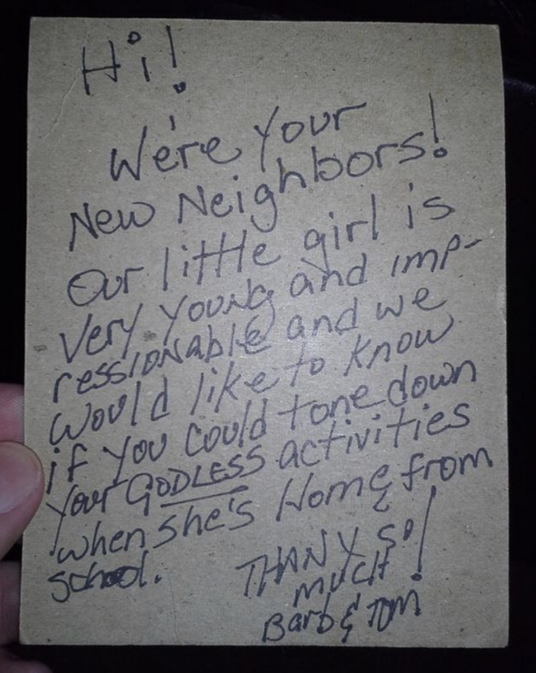 Handwritten note from Barb and Tom asking neighbors to tone down their activities for the sake of their impressionable young daughter