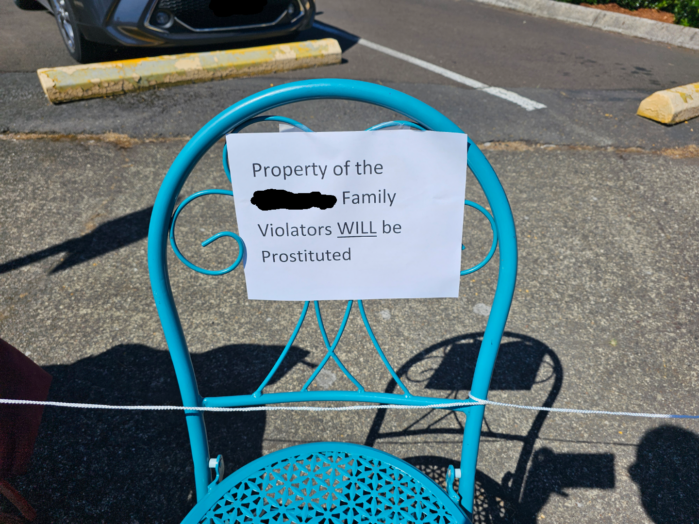 A blue chair with a sign that reads, "Property of the [Name Redacted] Family. Violators WILL be Prostituted."