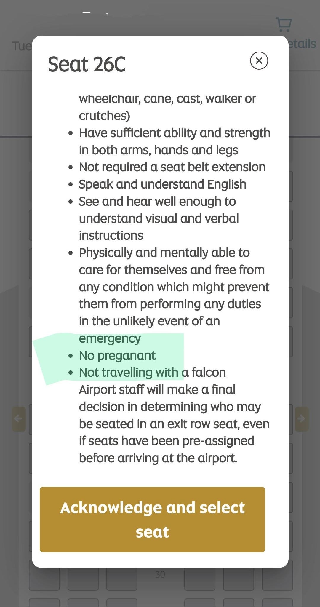 Image of airplane seating policy for Seat 26C. Passengers must be able-bodied, speak and understand English, and not be pregnant or traveling with a falcon