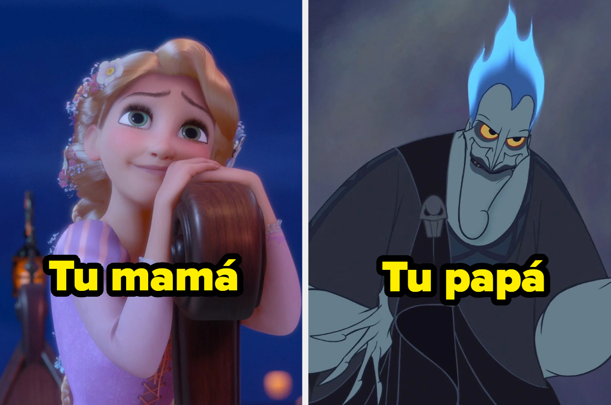 Rapunzel, anciana mamá, sonríe y apoya su cabeza en las manos. Hades, anciano padre, tiene una expresión malvada. Texto humorístico: "Tu mamá", "Tu papá"
