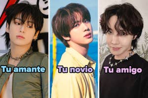 Jungkook, Jin y J-Hope de BTS están en la imagen con texto: "Tu amante", "Tu novio" y "Tu amigo", respectivamente